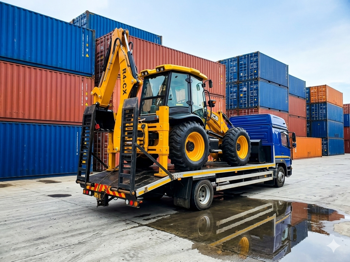 Heavy equipment loaded on truck at container yard for export